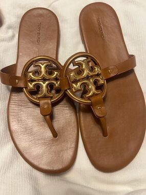 Tory Burch Tan Leather Logo Thong Sandals with Gold Medallions